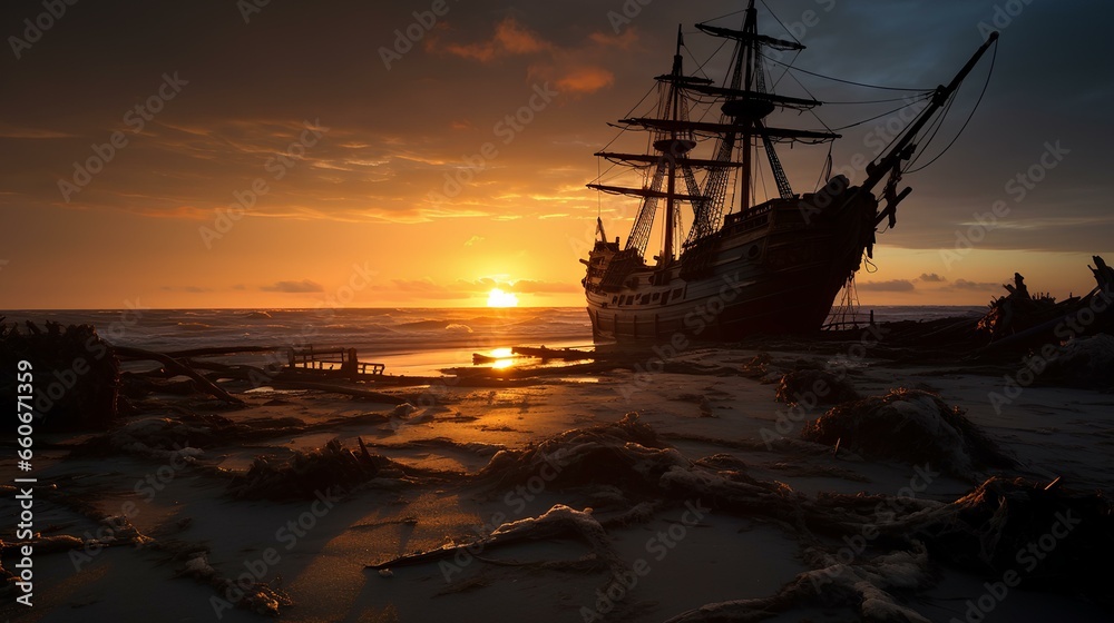 Sunset seascape with decaying ships after battle: fantasy pirate landscape. majestic and beautiful ruins atmosphere. generative AI