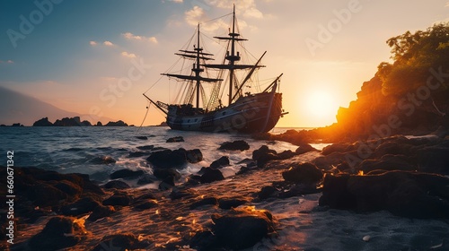 Sunset seascape with decaying ships after battle: fantasy pirate landscape. majestic and beautiful ruins atmosphere. generative AI