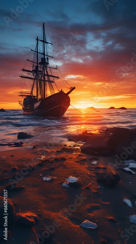 Sunset seascape with decaying ships after battle: fantasy pirate landscape. majestic and beautiful ruins atmosphere. generative AI © yj