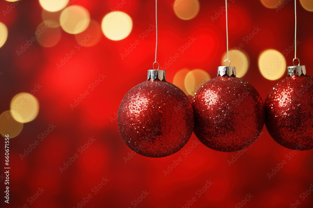 Red glitter New Year's toys hanging on a red background with bokeh Red glitter New Year's toys hanging on a red background with bokeh