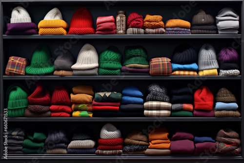 Shelves with clothes, scarves and hats. Winter clothes assortment.