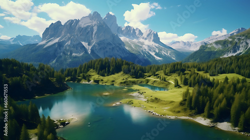 Aerial view of Lago Antorno  Dolomites  Lake mountain landscape with Alps peak   Misurina  Cortina d Ampezzo  Italy
