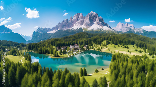 Aerial view of Lago Antorno, Dolomites, Lake mountain landscape with Alps peak , Misurina, Cortina d'Ampezzo, Italy photo