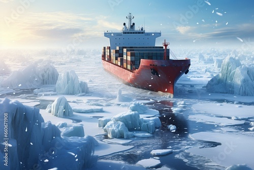 Cargo ship navigating frozen sea with logistical challenges amid supply chain issues. Generative AI