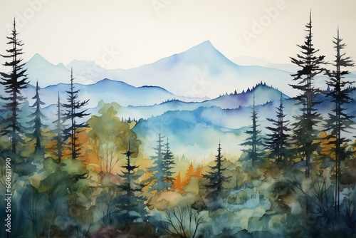 A scenic painting of mountains and trees using watercolors. Generative AI