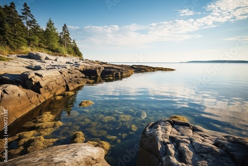 Calm ocean view featuring a rocky shoreline. Generative AI