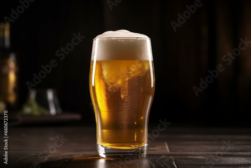 Canvas Print A golden lager beer in a clear pint glass with frothy foam