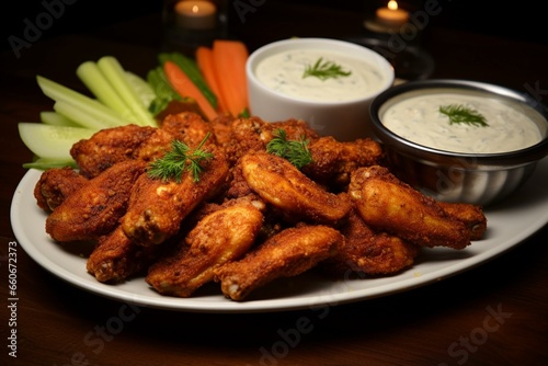 Spicy breaded chicken wings served with cool ranch dip. Generative AI