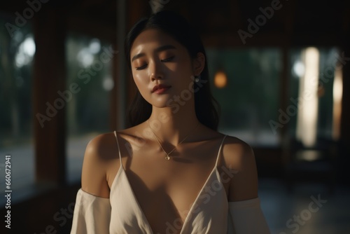 Portrait gorgeous young Japanese woman female white dress makeup standing window indoor relaxing enjoying sunlight Korean lady stretching neck pain stress meditation wellness mental health care beauty