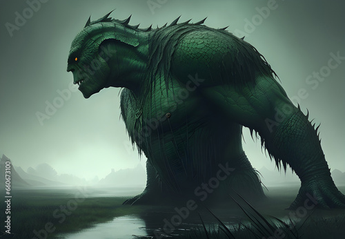 Scary giant swamp monster crawling out of the swamp. Generative AI art illustration.