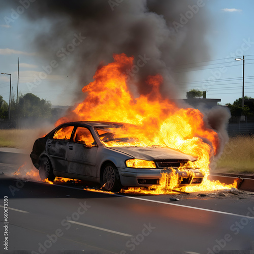 Photo burning automobile in car accident on road