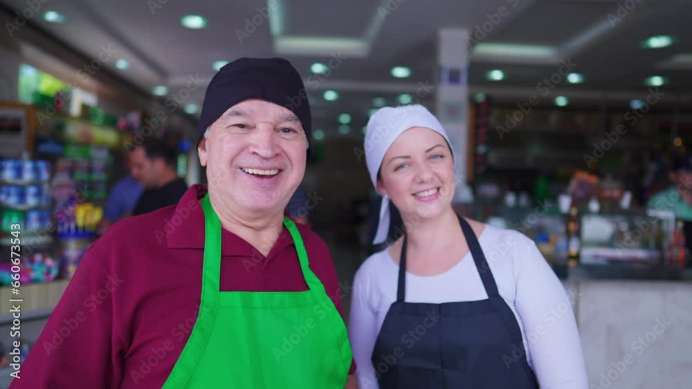 Portrait of senior manager with young female employee smiling at camera in front of restaurant business. Two joyful workers with cafeteria in background Portrait of senior manager with young female employee smiling at camera in front of restaurant business. Two joyful workers with cafeteria in background