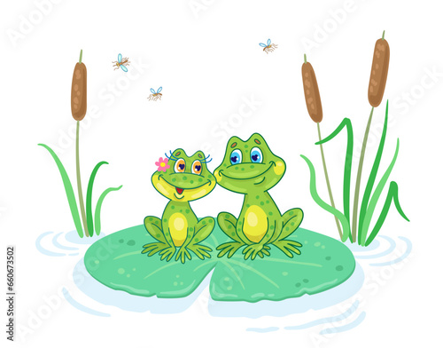 Two little funny frogs are sitting on a large green leaf in the middle of the lake. In cartoon style. Isolated on white background. Vector illustration.