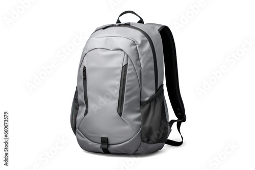 grey sports backpack, png file of isolated cutout object with shadow on transparent background.