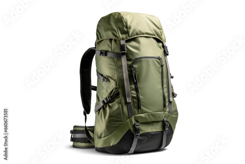 big green khaki camping backpack, png file of isolated cutout object with shadow on transparent background.