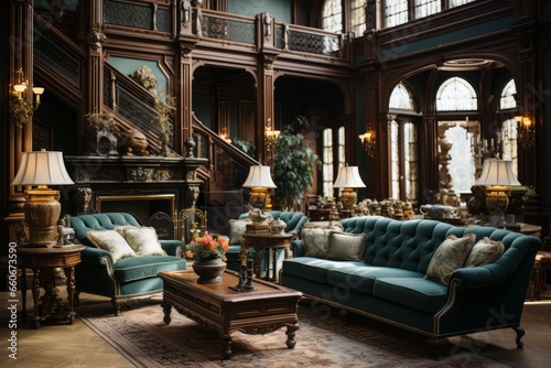 Victorian style living room with ornate furniture, rich fabrics, and decorative moldings