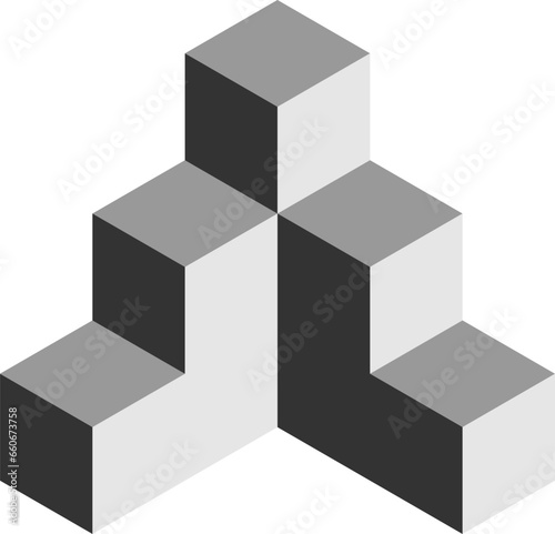 Basic Geometrical Arrangement with Greyscale Monochrome Solid Box Cube Icon in 3D Perspective View. Vector Image.