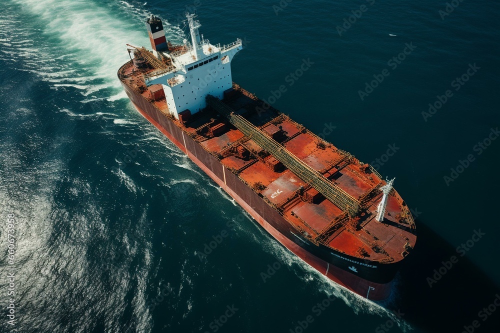 Bird's-eye view of cargo tanker being loaded with lpg, oil, or chemicals. Generative AI