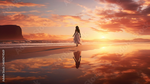 Back view of a woman walking at a beach in the sunrise with the ocean in front 