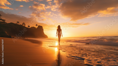 Back view of a woman walking at a beach in the sunrise with the ocean in front 