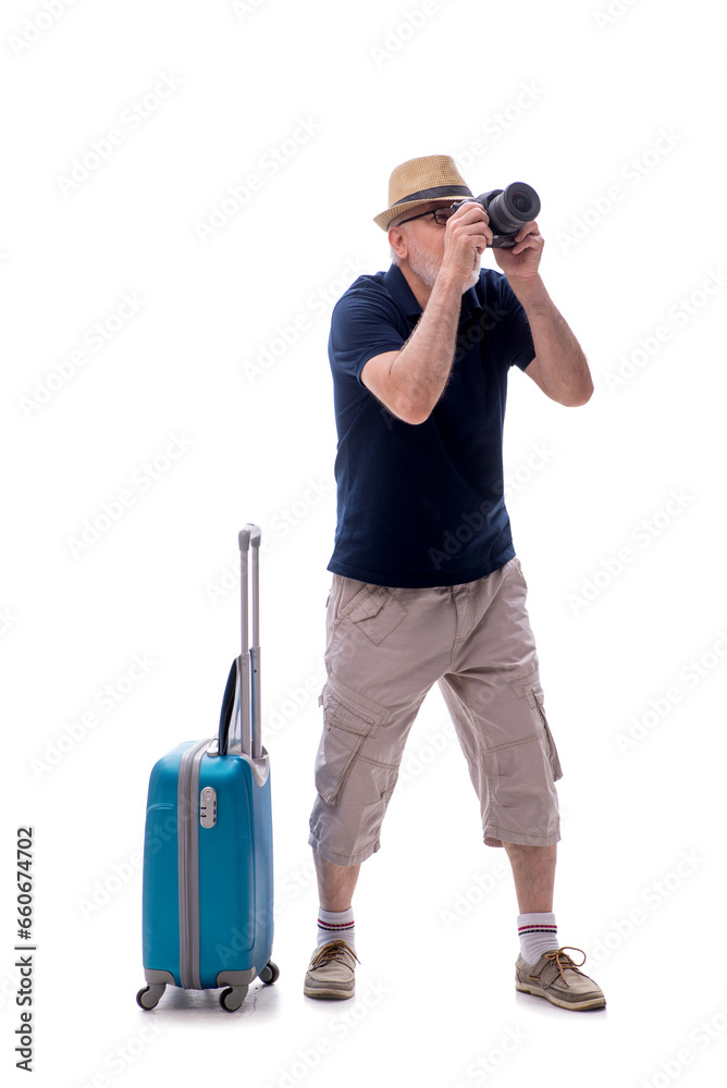 Old man in travelling concept isolated on white Old man in travelling concept isolated on white