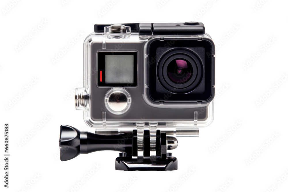 action camera in underwater protective case, png file of isolated cutout object with shadow on transparent background.