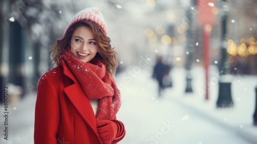Young Beautiful Fashionable Woman in Stylish Winter Coat Posing on Snowy City Street - Elegant Winter Fashion and Urban Style with Copy Space