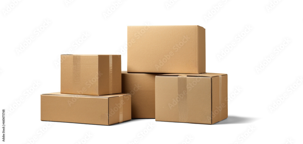 cardboard box warehouse mockup, png file of isolated cutout object with shadow on transparent background. - obrazy, fototapety, plakaty 