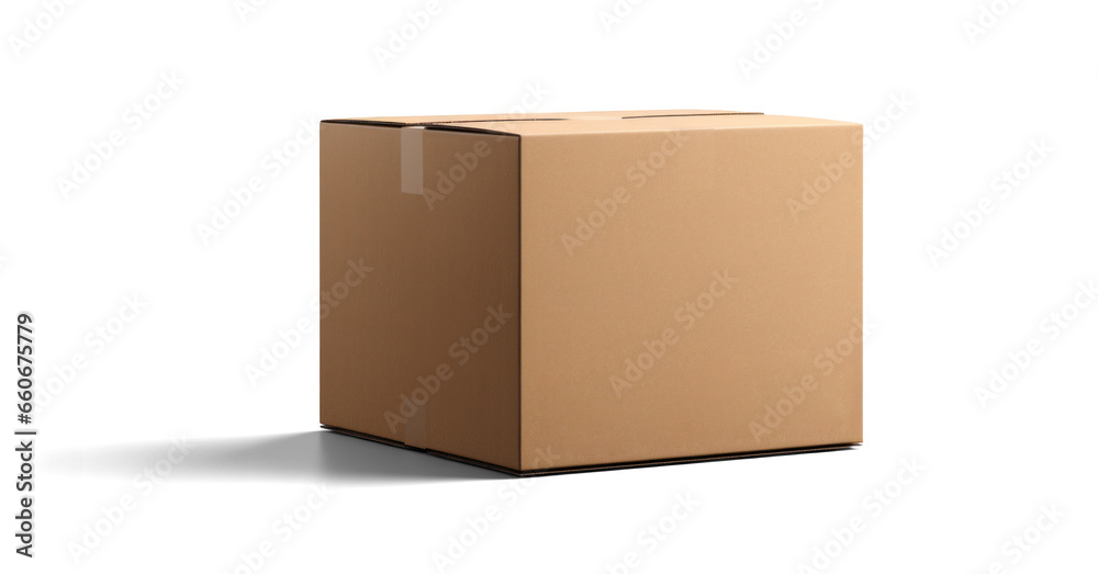 empty closed cardboard box mockup, png file of isolated cutout object with shadow on transparent background.