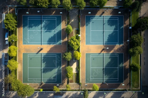 Aerial top view of four vacant tennis courts in summer outdoors. Generative AI photo