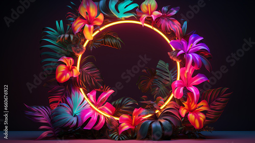 Neon tropical plants in circular frame (ID: 660676922)