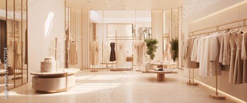 A boutique clothing store with chic decor, the spacious wall by the fitting rooms offering text placement. photo