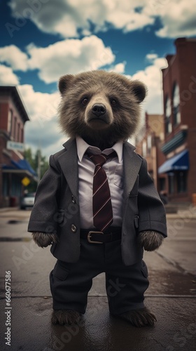 A bear dressed in a suit and tie. Generative AI.