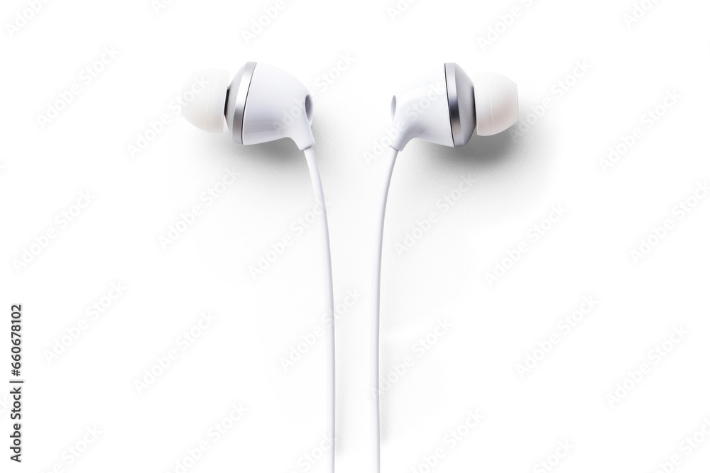 white earphones, png file of isolated cutout object with shadow on transparent background. white earphones, png file of isolated cutout object with shadow on transparent background.