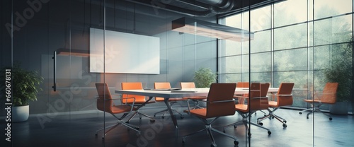 A modern conference room with glass walls, the presentation screen blank and ready for content.