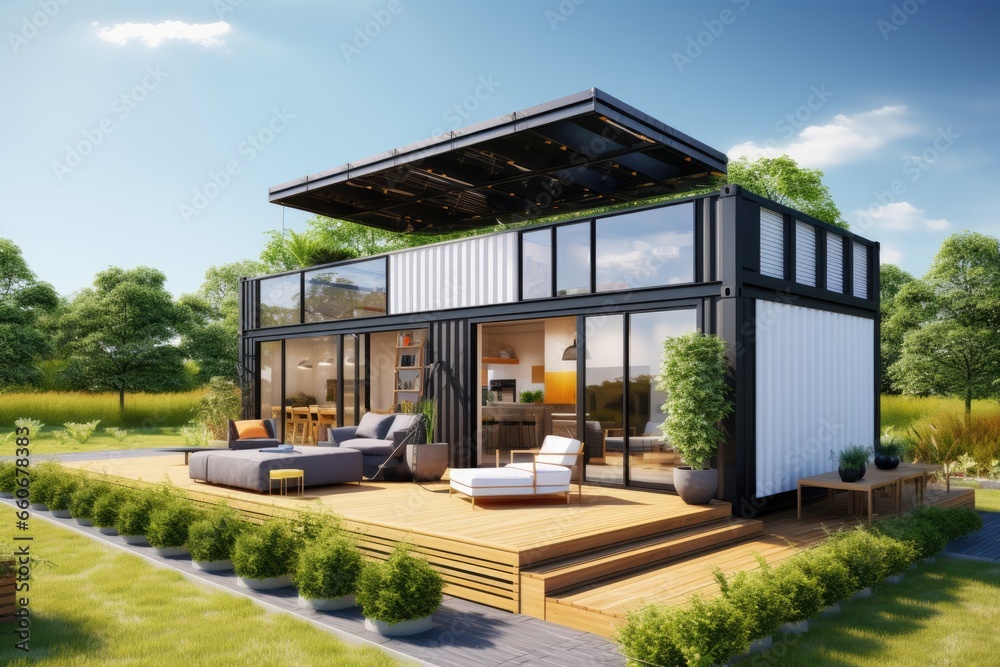 Modern container smart house 3d render - obrazy, fototapety, plakaty 