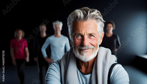 Happy mature gray-haired man in sportswear in a gym or class with sporty people in the background. Importance of sport in older people. Generative ai photo