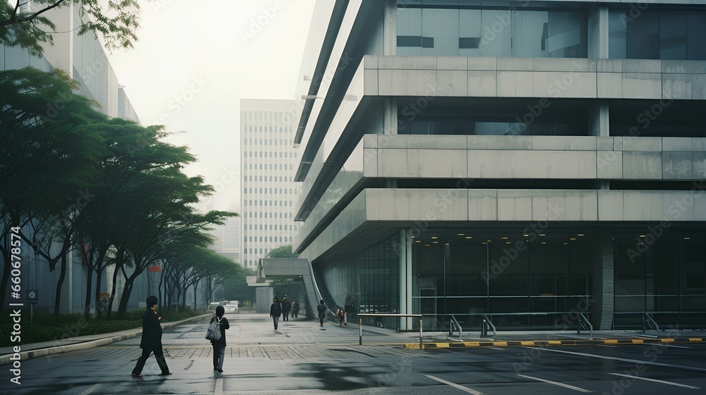 Gray building and asphalt road. early in the morning, foggy japanese city. generative AI