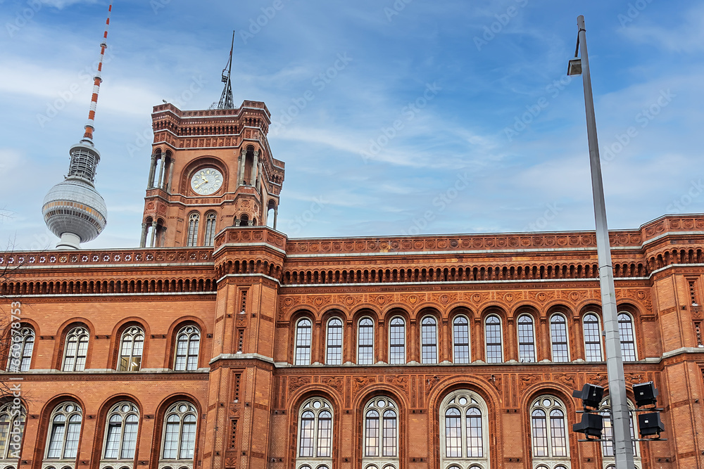 Red City Hall (Rotes Rathaus, 1869) - historic town hall, located in the Mitte district near Alexanderplatz. Berlin, Germany. - obrazy, fototapety, plakaty 