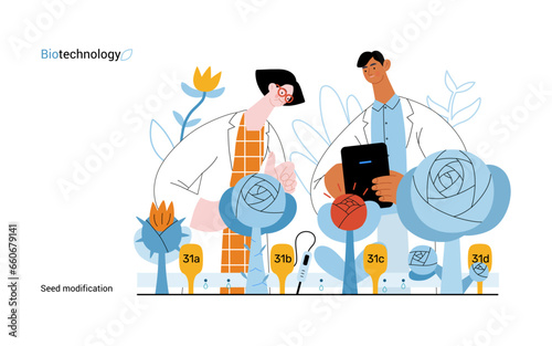Bio Technology, Seed Modification -modern flat vector concept illustration of scientists analysing genetic modificated variants of a plant. Metaphor of direct impact of GMO on vegetation