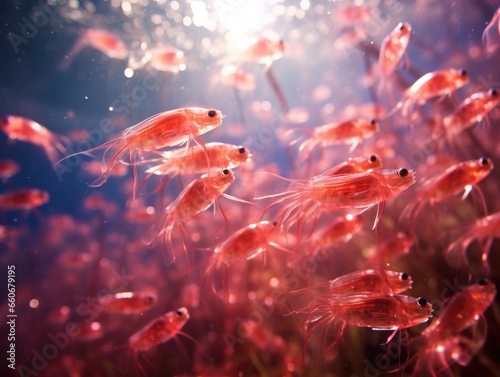 A group of small red shrimp swimming in the water. Generative AI. © Natalia