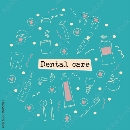 Dental care doodle set. Collection of dentistry flat illustrations