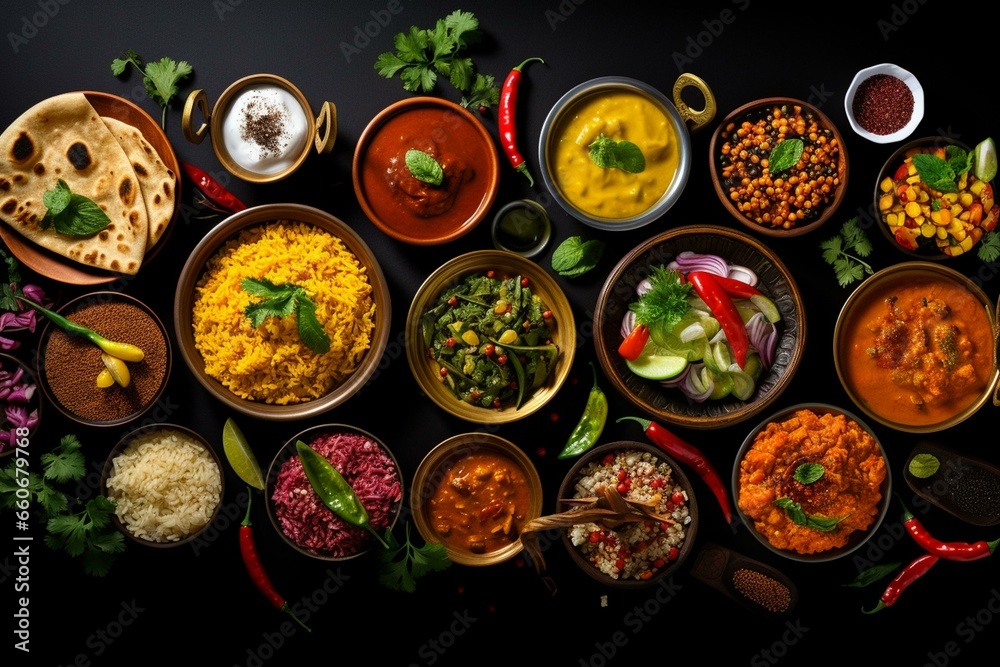 Variety of delicious Indian cuisine on black background. Top view with ample space. Panorama shot. Generative AI