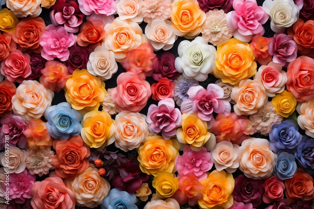 A vibrant floral backdrop with colored roses. Generative AI