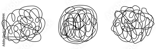 Tangled round scribble shapes set continuous line drawn. Chaotic linear circles collection. Vector illustration isolated on white.