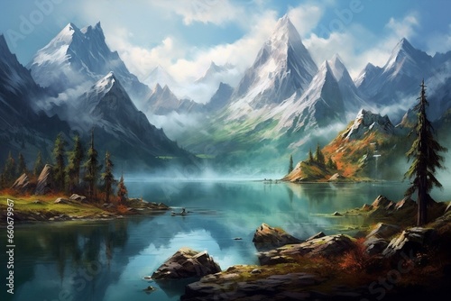 A beautiful lake and mountain scenery. Generative AI
