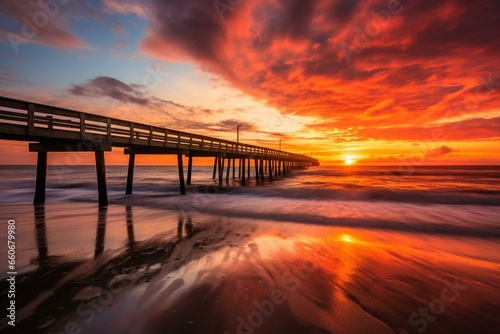 Beautiful sunrise over the Atlantic Ocean at a fishing pier on Amelia Island, Florida. Generative AI photo