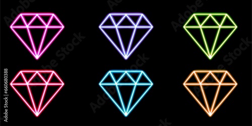 set neon brilliant diamond symbol glowing desktop icon, neon sticker, neon figure, glowing figure, neon geometrical figures 