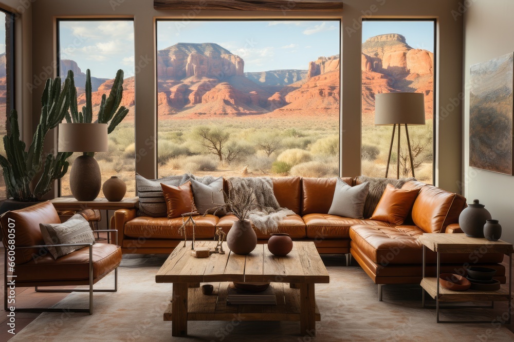 western living room with warm, earthy tones, tribal prints, and cacti - obrazy, fototapety, plakaty 
