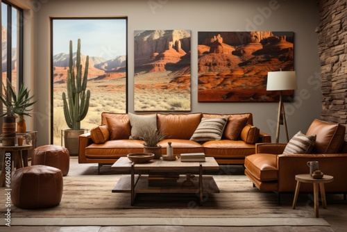 western living room with warm, earthy tones, tribal prints, and cacti